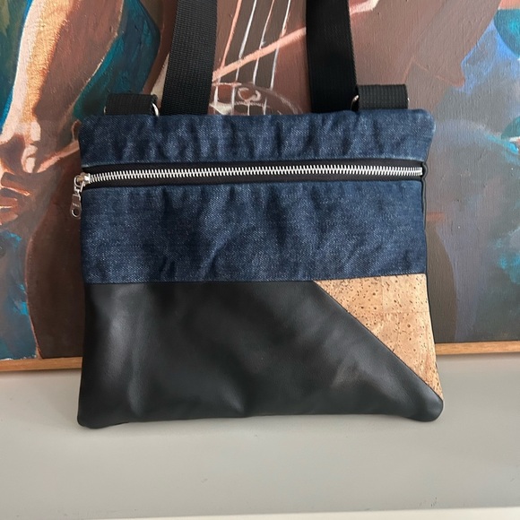 Stylish Denim and Black Crossbody Bag Vegan 9.5"x11" - Picture 15 of 16